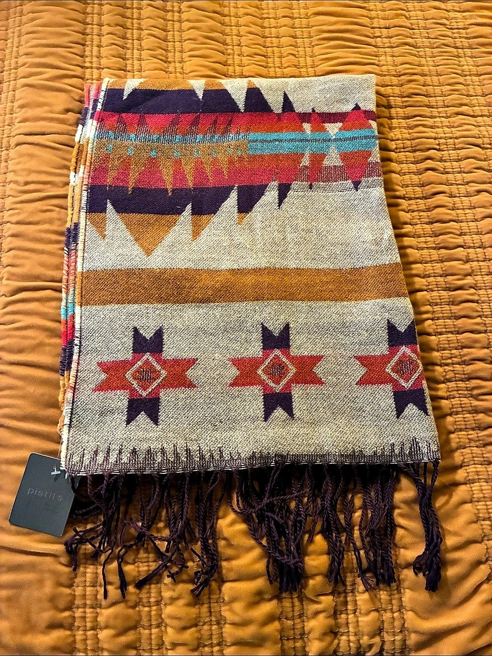 Pistil Carmel Scarf/Shawl. Geometric Pattern in Bone & Purple NWT
